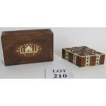 Two decorative carved and inlaid Indian trinket boxes, one with a silhouette of the Taj Mahal,