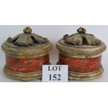 A pair of large decorative turned wood lidded pots with gilt metal decorations and polychrome