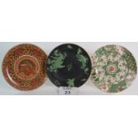 Two decorative Masons ironstone plates, one of green dragons on a black ground,