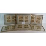 A set of 12 Chinese silk prints of Chinese morals, framed and glazed in pairs.