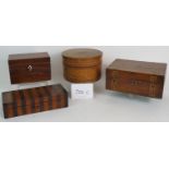 Four antique wooden boxes including a turned wood circular box, possibly for spices,