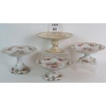 A set of three antique continental porcelain comports with hand decorated floral bouquets (tallest