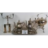 A 19th Century silver plated teapot and stand, a five piece tea and coffee set on tray,