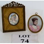 An oval miniature portrait of an Edwardian lady in pink dress, indistinctly monogrammed,