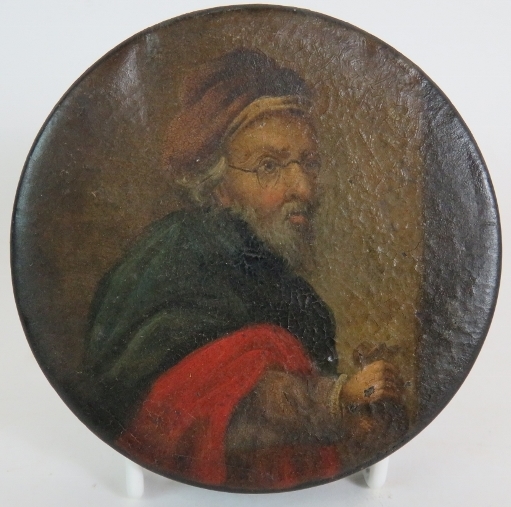 Three late 18th Century papier-mâché tobacco boxes, one depicting Shylock, - Image 2 of 8
