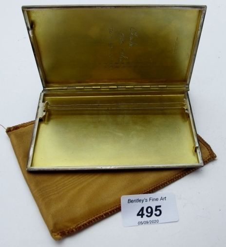 A heavy silver slide action cigarette case, with engine turned decoration and gilded interior, - Image 2 of 3