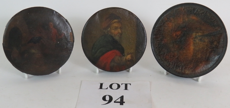 Three late 18th Century papier-mâché tobacco boxes, one depicting Shylock,