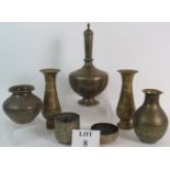 Seven pieces of hand engraved Indian brass ware, tallest 34cm.