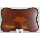 An inlaid Edwardian mahogany tea tray with brass handles, 57cm x 37cm.