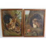 British School (early-mid 20th century) - 'Foxes' and 'Squirrels', a pair, oils on panels,