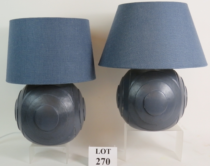 Two very cool grey painted heavy carved wood geometric lamp bases with shade.