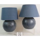 Two very cool grey painted heavy carved wood geometric lamp bases with shade.