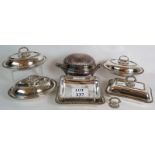 A silver plated dome covered roll top serving dish and four 19th Century covered silver plated