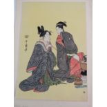Attributed to Utamaru Hitsu, a Japanese woodblock print depicting two females, 38cm x 26cm,