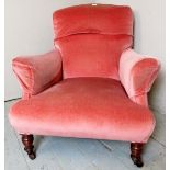 An Edwardian mahogany framed armchair upholstered in a dusky pink material and having loose arm and