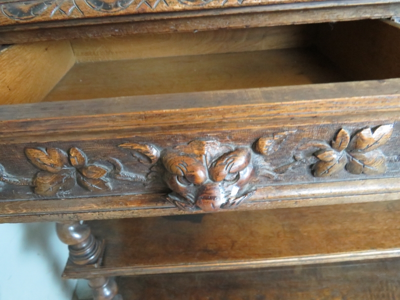 A Victorian carved oak buffet table with a lift up top revealing a white marble inset top and - Image 6 of 10