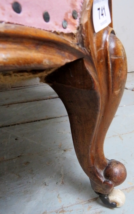 A Victorian walnut framed nursing chair upholstered in a pink button back material and terminating - Image 7 of 8