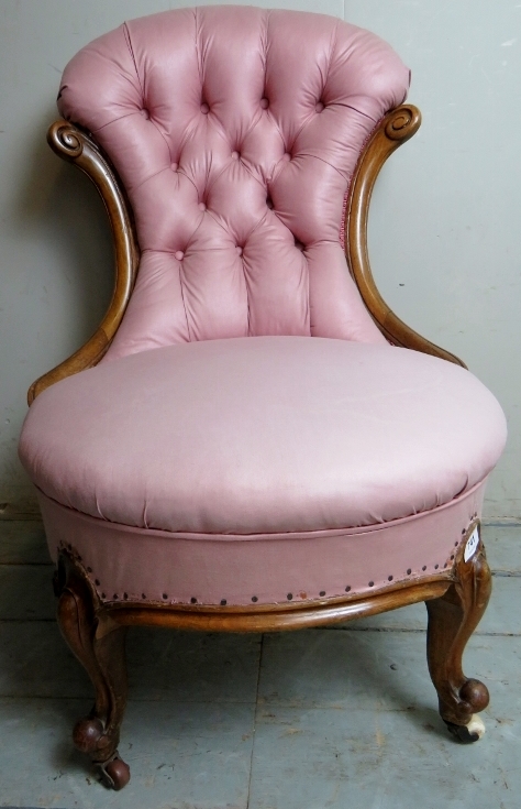 A Victorian walnut framed nursing chair upholstered in a pink button back material and terminating - Image 2 of 8