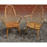 Another pair of mid-century Ercol pale blonde Windsor quaker hoop back carver chairs Condition