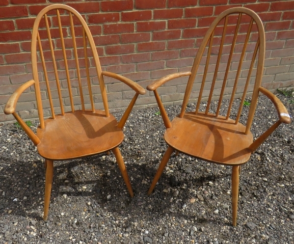 Another pair of mid-century Ercol pale blonde Windsor quaker hoop back carver chairs Condition