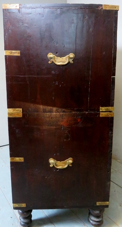 A 19th Century mahogany and pine brass bound split campaign chest of two short over three long - Image 3 of 5