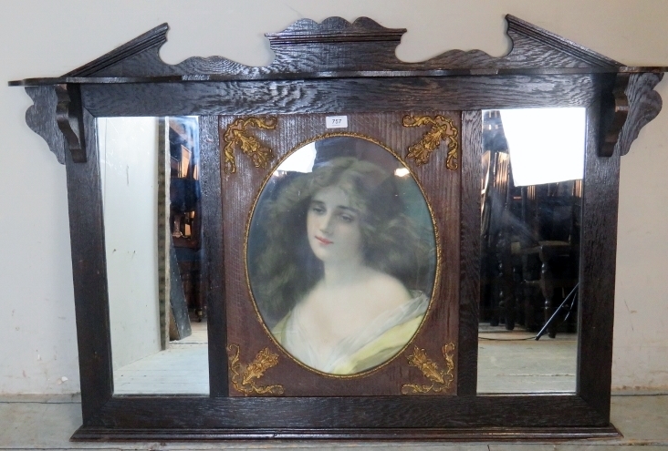 A decorative oak framed over mantle mirror with a central inset oval print depicting a portrait - Image 3 of 3