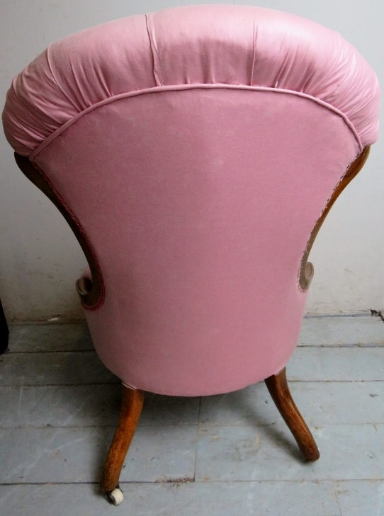 A Victorian walnut framed nursing chair upholstered in a pink button back material and terminating - Image 4 of 8