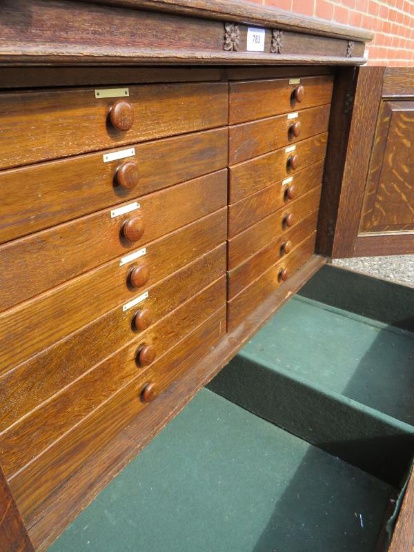 A period-style oak collectors cabinet with linen fold panelled doors opening to reveal an - Image 3 of 5