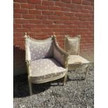 Two pretty French chairs to include one armchair and one occasional chair with matching upholstery