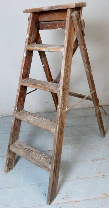 A vintage folding pine step ladder set. Condition report: Lots of character.