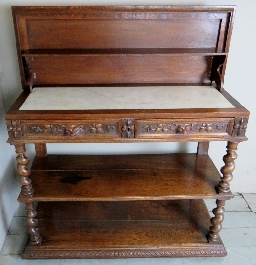 A Victorian carved oak buffet table with a lift up top revealing a white marble inset top and - Image 2 of 10