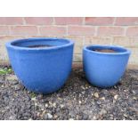 Two decorative pale blue glazed garden pots. Condition report: Both appear in good order.