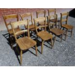 A harlequin set of eight 19th century country pine dining chairs with turned supports and lower