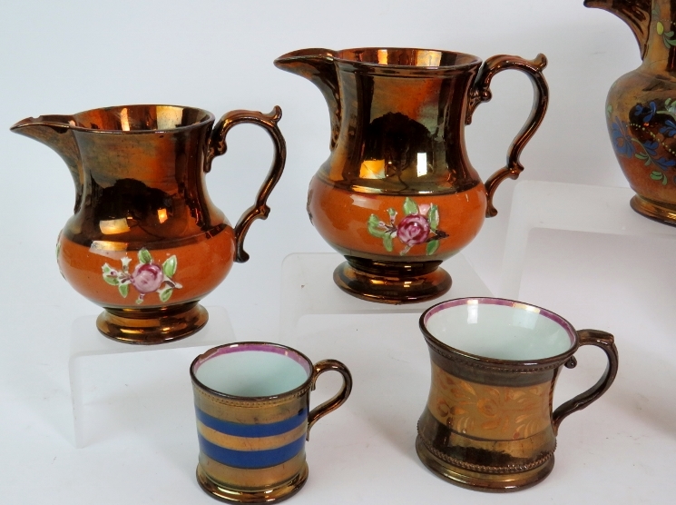 Four Victorian copper lustre ware jugs a - Image 2 of 5