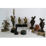 A collection of Spelter antique garniture figures and marble bases including two pairs.