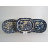 Three large antique blue and white willow pattern meat platters, largest: 49cm.