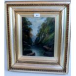 W Seymour (19th century) - 'A mountainous river scene', oil, signed, 28cm x 23cm, gilt gesso frame.
