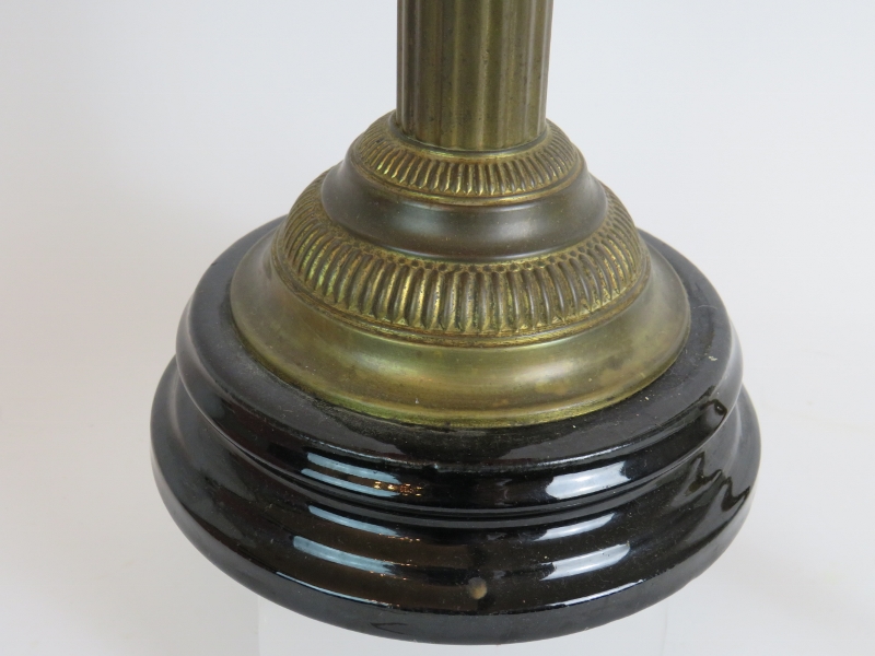 An antique Cranberry glass oil lamp later converted to electricity, with black porcelain base. - Image 3 of 4