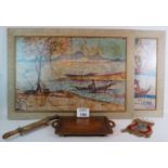 A pair of large framed decorative Batik panels, signed and dated 1970, a carved teak Eastern tray,