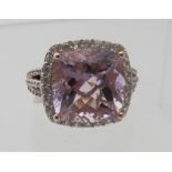 Large natural amethyst dress ring, 20mm x 17mm, cushion portrait set, 11 cts, size O, 14k/925.