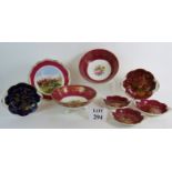 Five decorative Coalport two handled dishes with gilt peacock decoration,