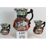 A set of three graduated Victorian Mason's Patent Ironstone jugs with branch form handles and