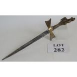 A bronze dragon handled Medieval style dagger with a highly ornate antique blade.