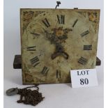 An antique painted long case clock dial and movement for restoration. Dial size: 28cm x 28cm.