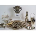 A selection of quality silver plated items including a hip flask, toast rack,