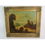 Continental School (19th century) - 'River landscape', oil on canvas, 50cm x 60cm, gilt gesso frame.