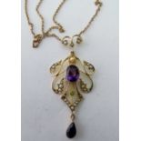 A fine 9ct gold pendant necklace with centre amethyst and drop amethyst, approx 1.