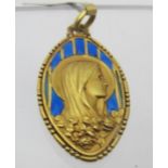 A fine quality French 18ct yellow gold pendant of the Virgin Mary with Plique a Jour enamelling.