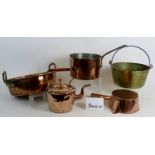 Five pieces of antique heavy copper and brass kitchenware including two jam pans, a kettle,