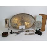 An interesting mixed lot of collectables including an oval silver plated salver, nutcrackers,